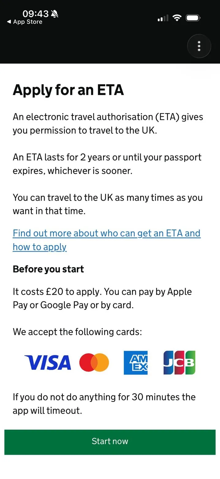 Startbildschirm der UK ETA App mit dem Preis von £20 und den akzeptierten Kartenanbietern