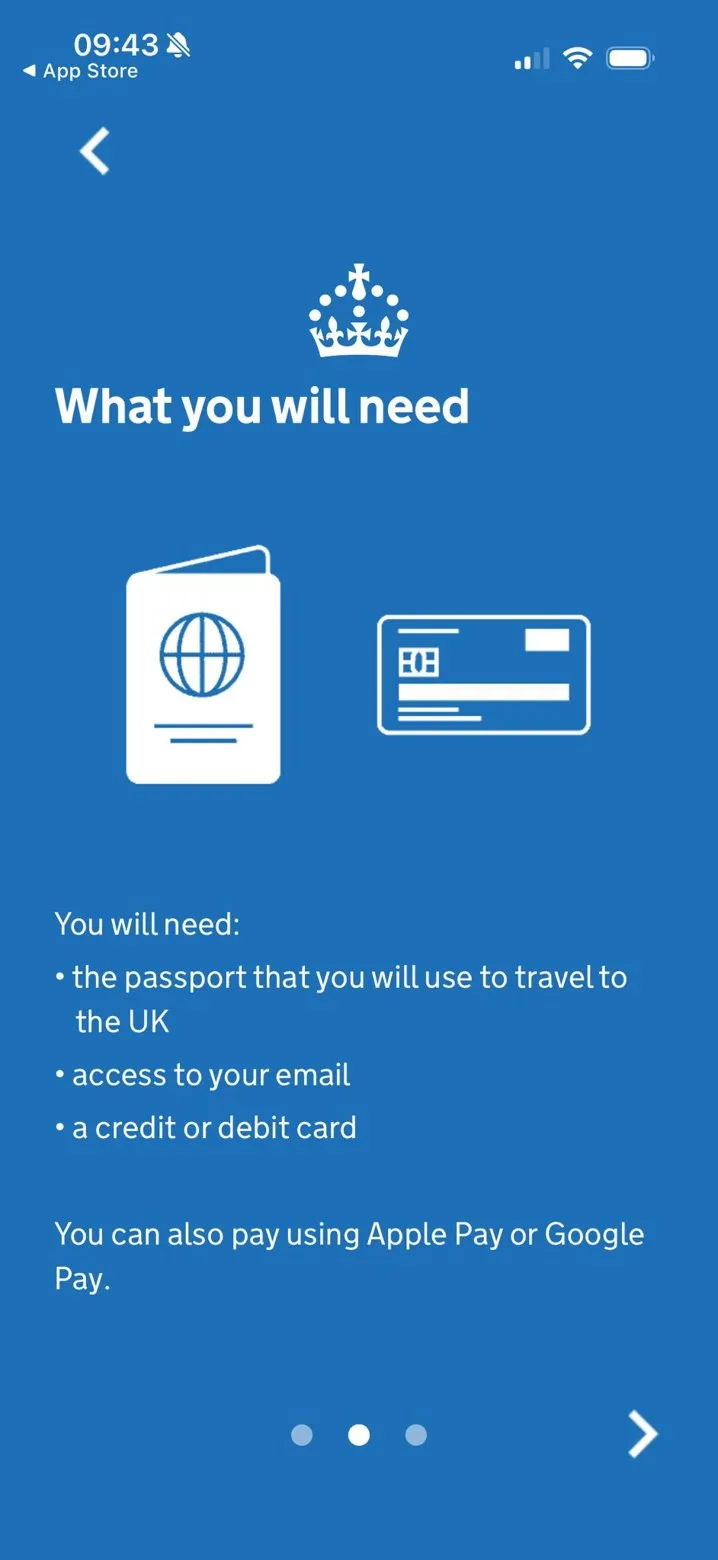 Übersicht in der App: Reisepass, E-Mail-Zugang und Zahlkarte werden benötigt