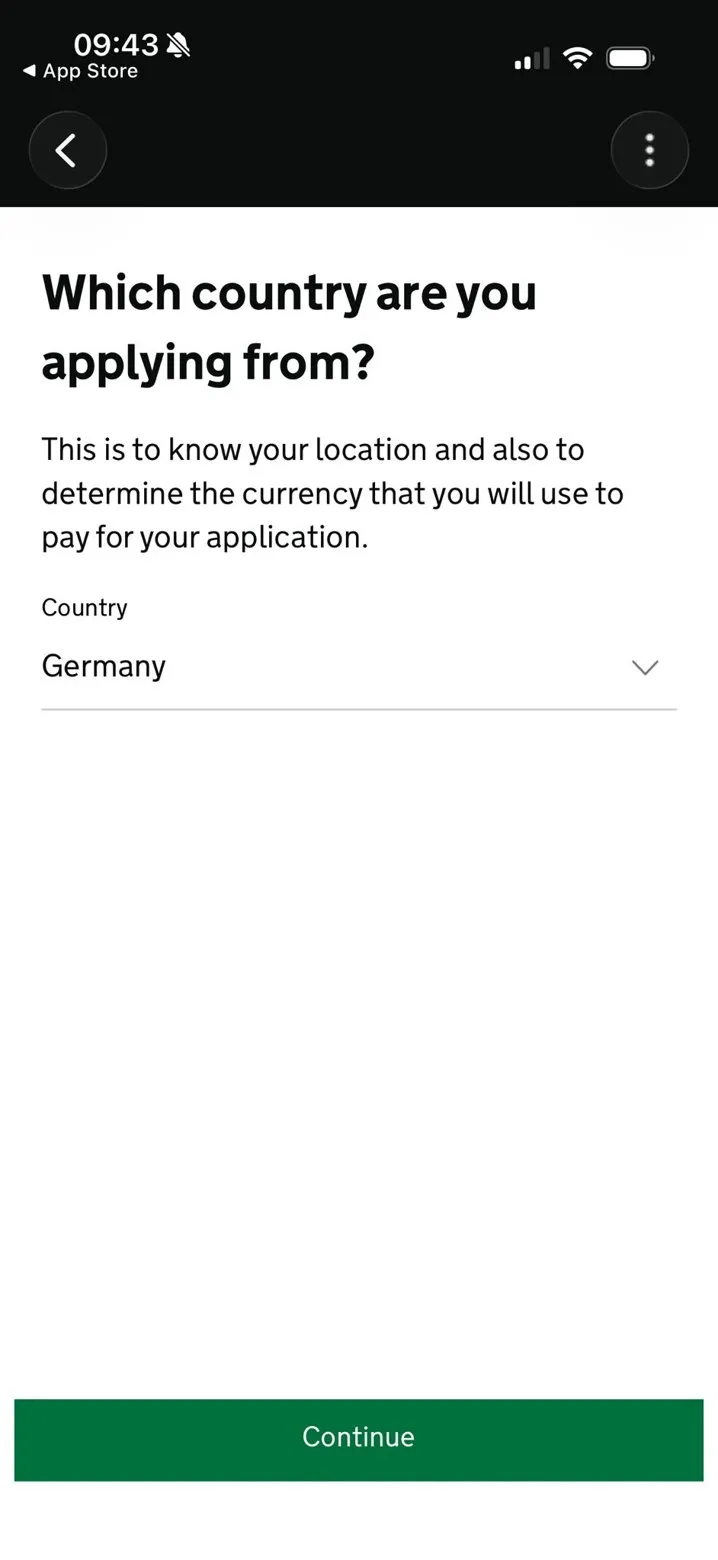 Auswahl des Landes, aus dem der Antrag gestellt wird, hier Deutschland
