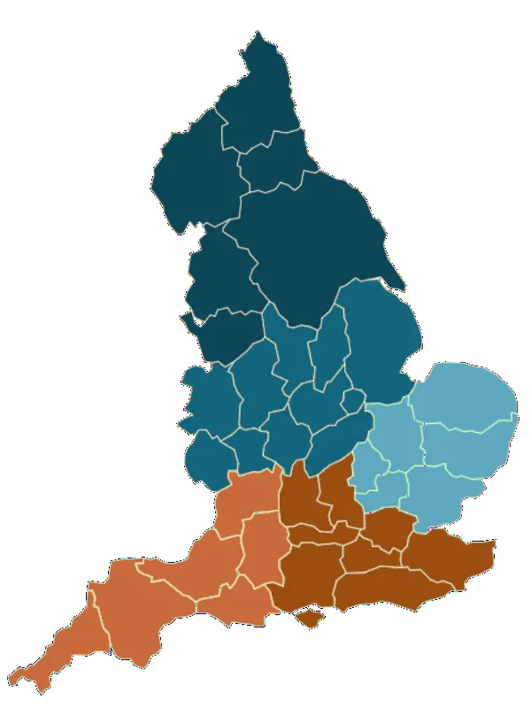 Karte von England mit den fünf Regionen