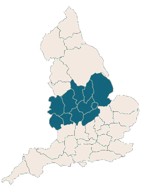 Karte von England mit hervorgehobener Region Mitte