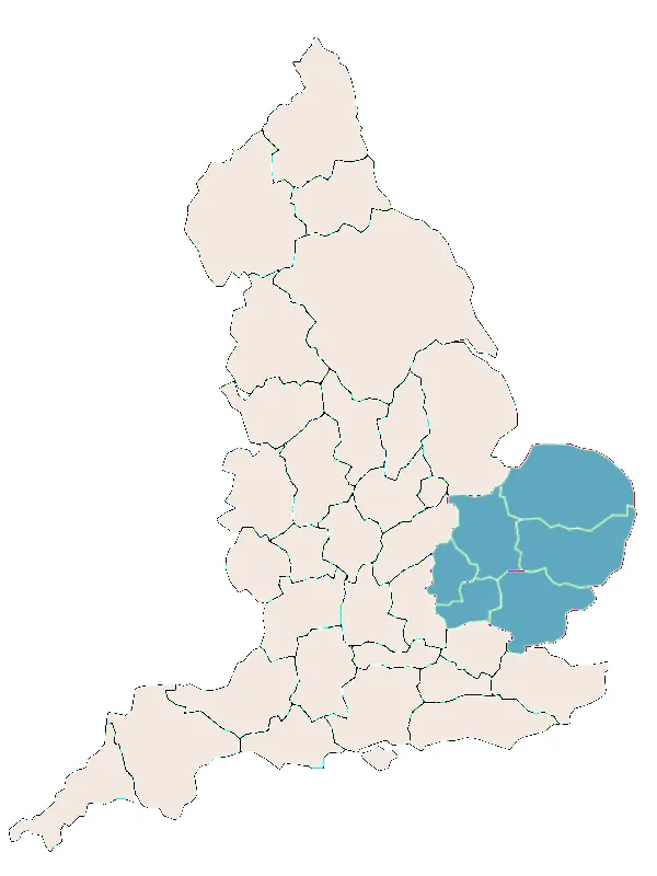 Karte von England mit hervorgehobener Region Osten