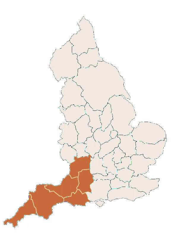Karte von England mit hervorgehobener Region Südwesten