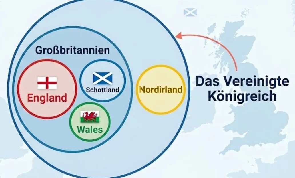 Vier ineinanderliegende Kreise: im äußersten das Vereinigte Königreich, darin Großbritannien mit England, Schottland und Wales, und daneben, noch im Vereinigten Königreich aber außerhalb Großbritanniens, Nordirland